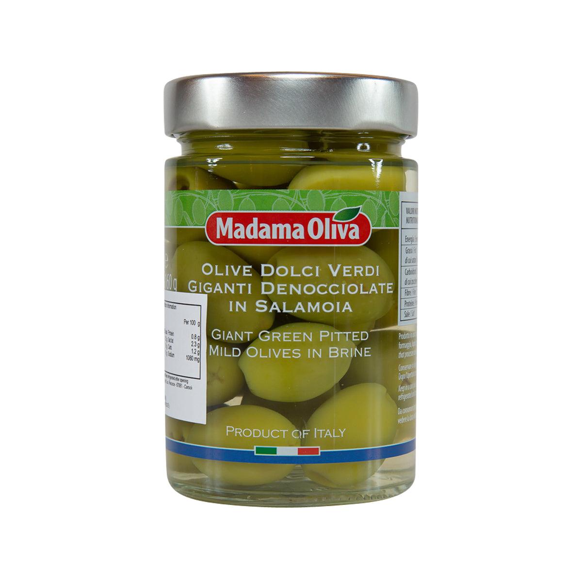 Jar of green pitted olives in brine with MadamaOliva front label