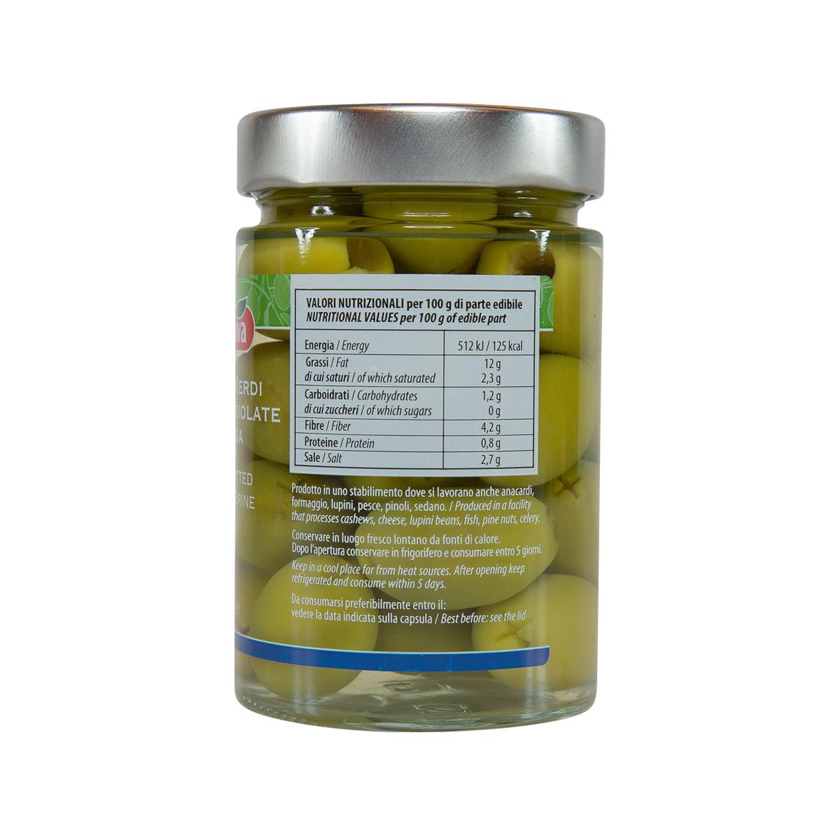 Jar of green pitted olives in brine with nutrition facts back label