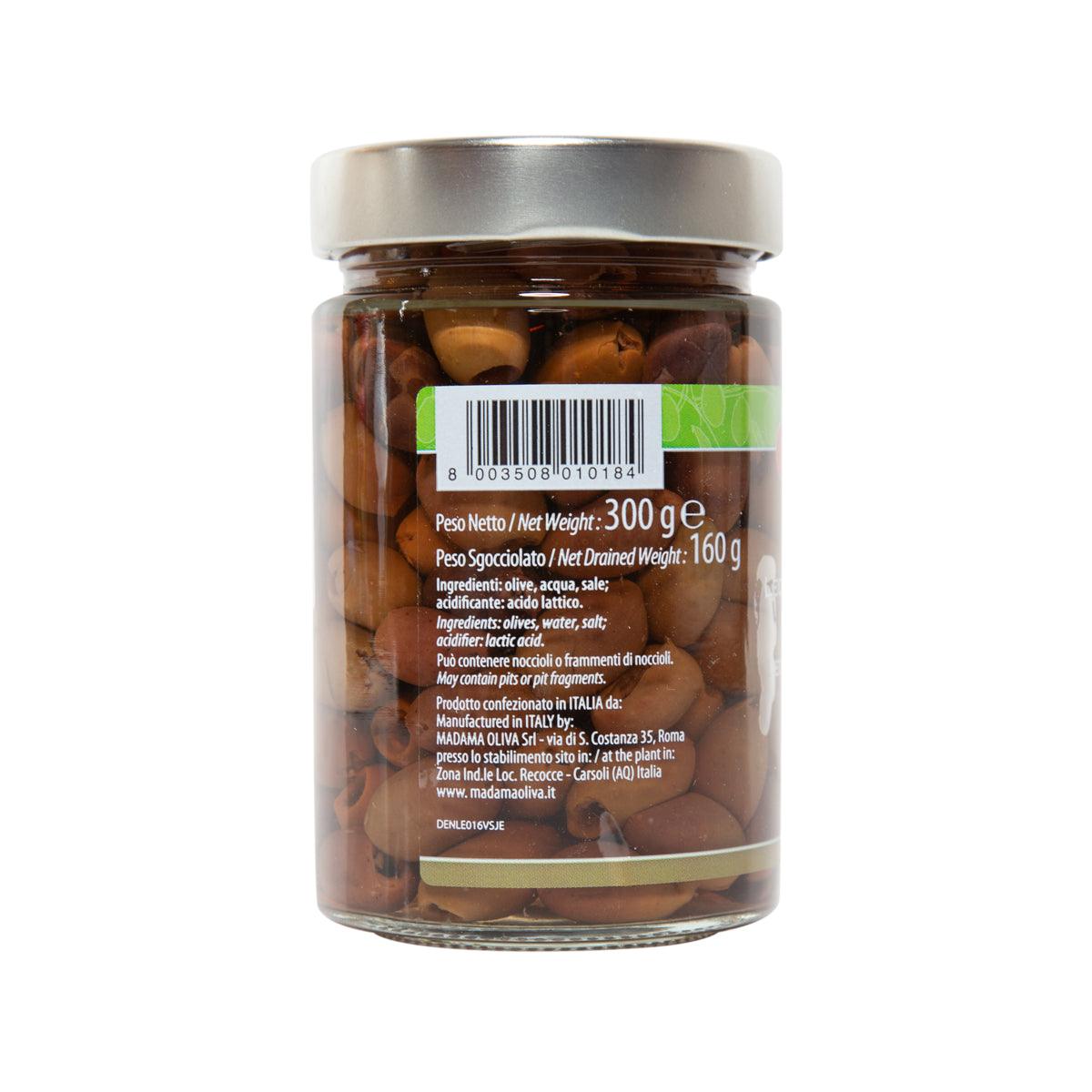 Jar of black pitted Leccino olives in brine, 300g, back label view