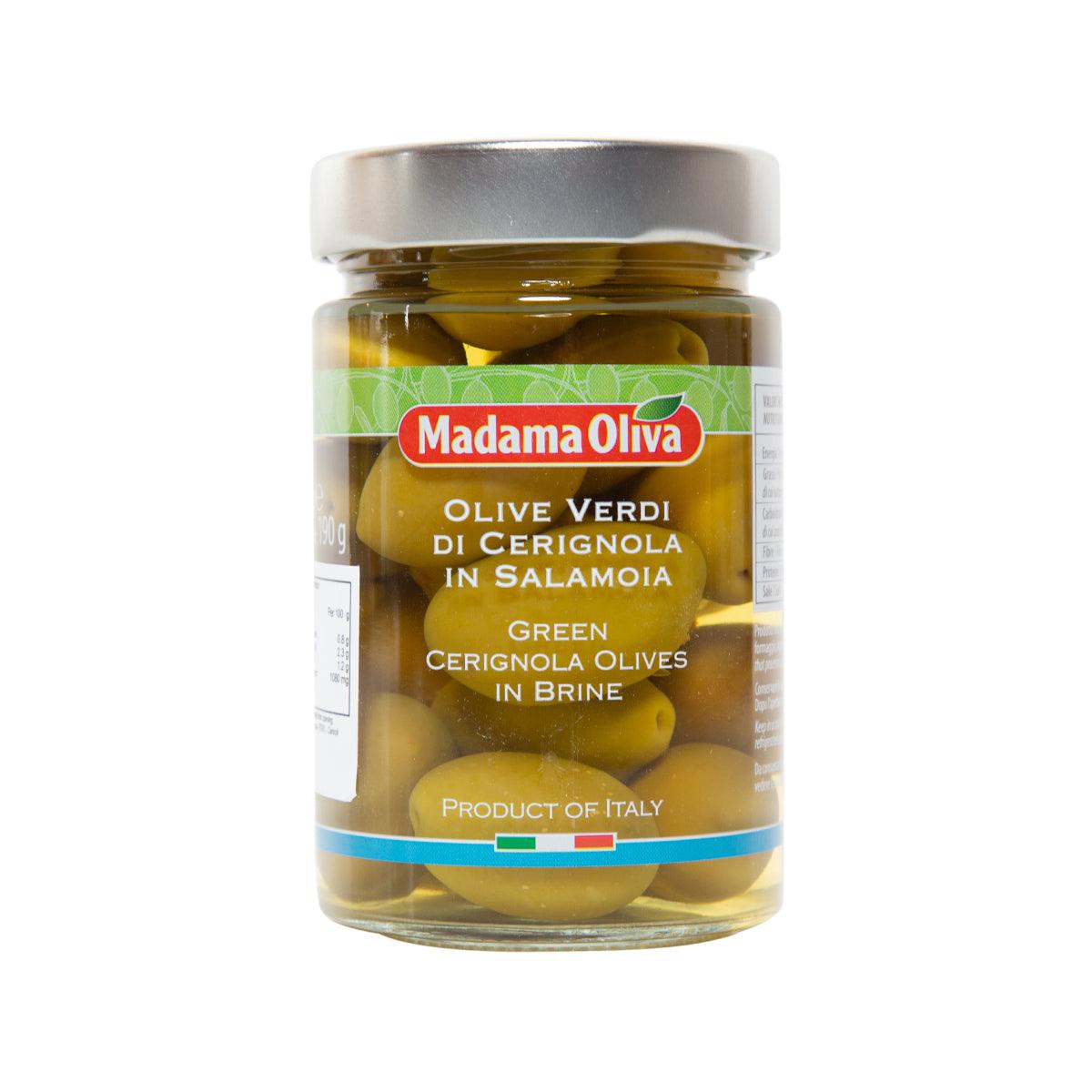 Jar of green Cerignola olives in brine, MadamaOliva label, silver cap