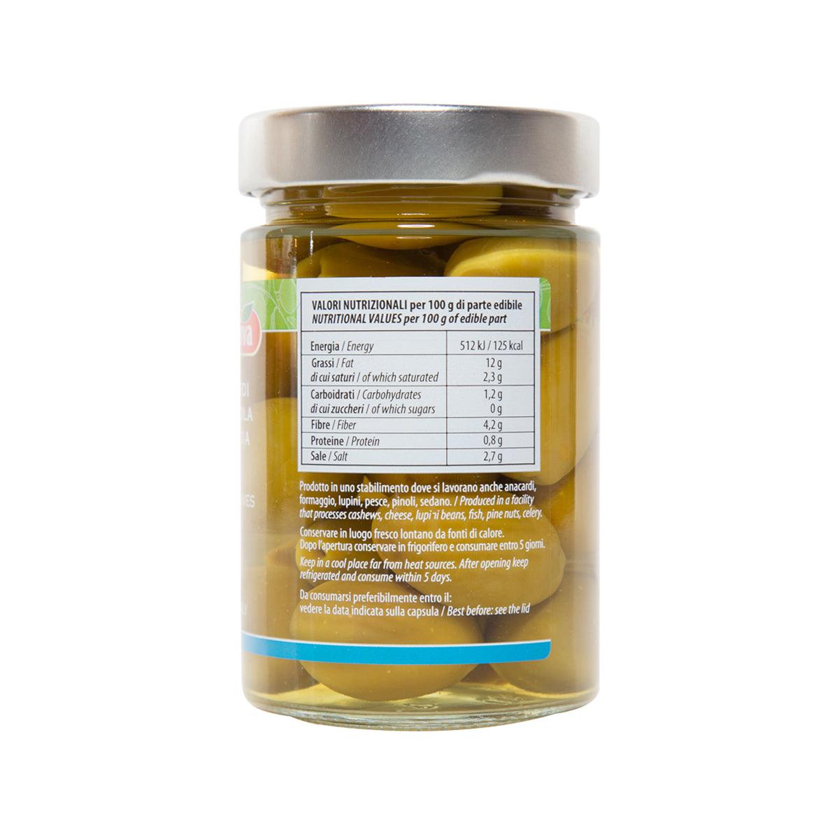 Jar of green olives in brine with nutrition facts label on back