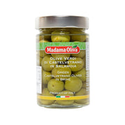 Jar of Madama Oliva green Castelvetrano olives in brine, with front label