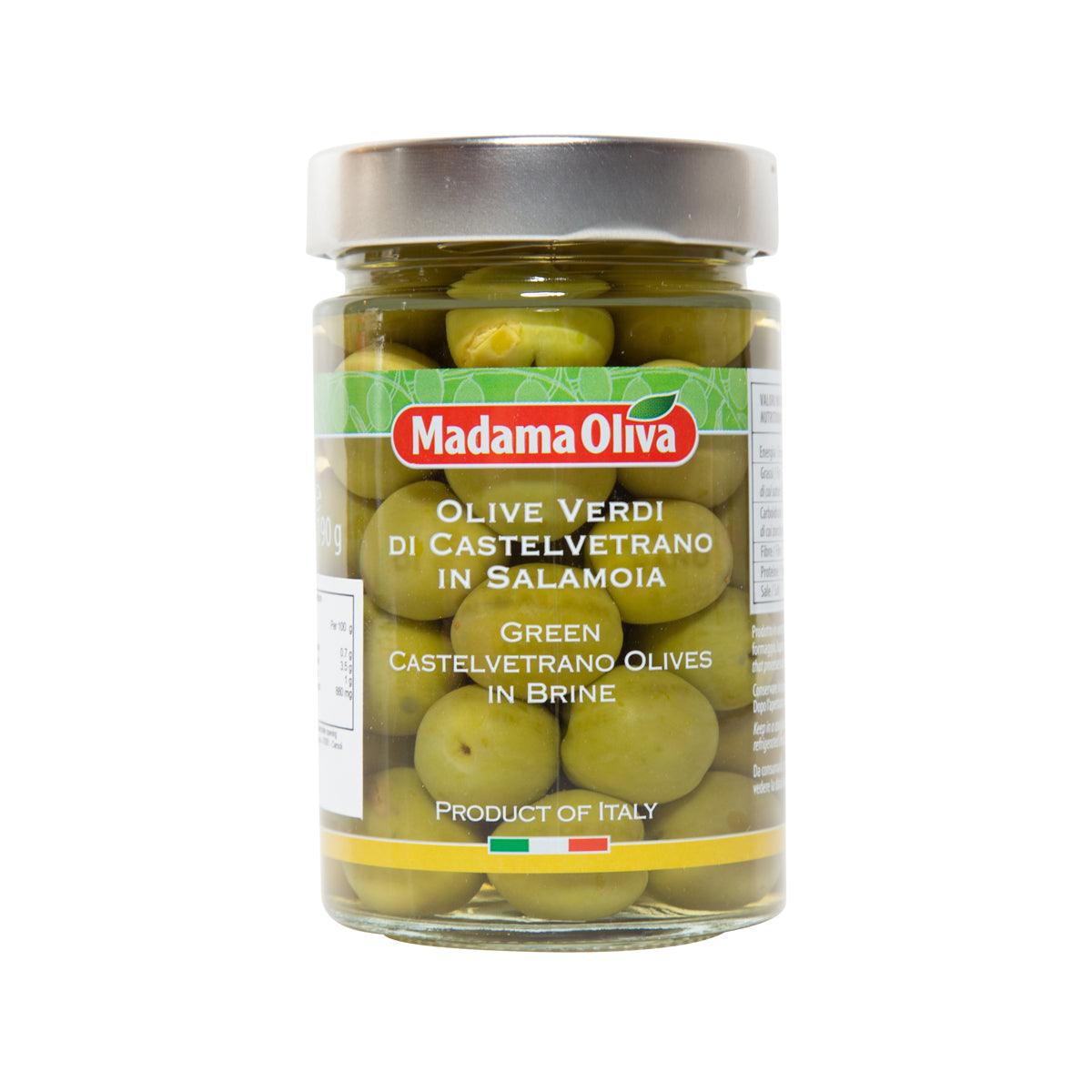 Jar of Madama Oliva green Castelvetrano olives in brine, with front label