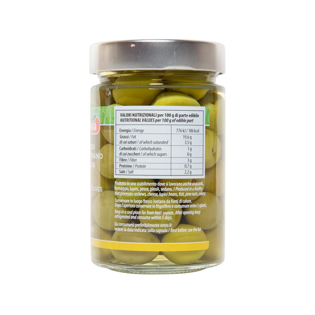 Madama Oliva olives jar back label with nutrition facts, green Castelvetrano in brine