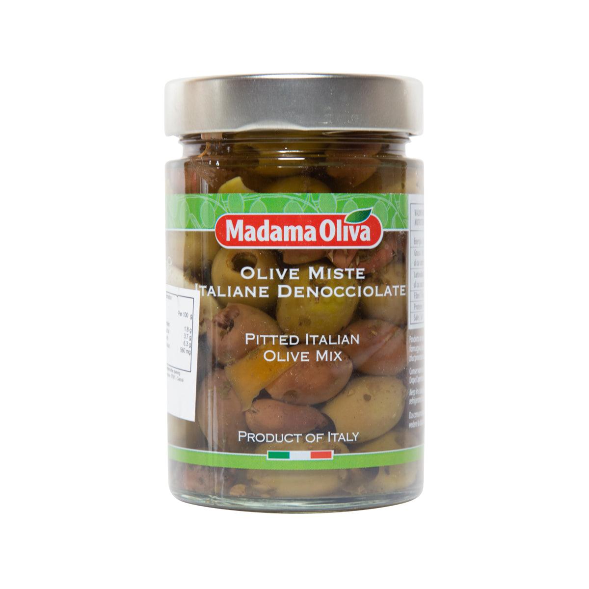 Pitted Italian olive mix jar with green and brown olives, glass bottle and cap