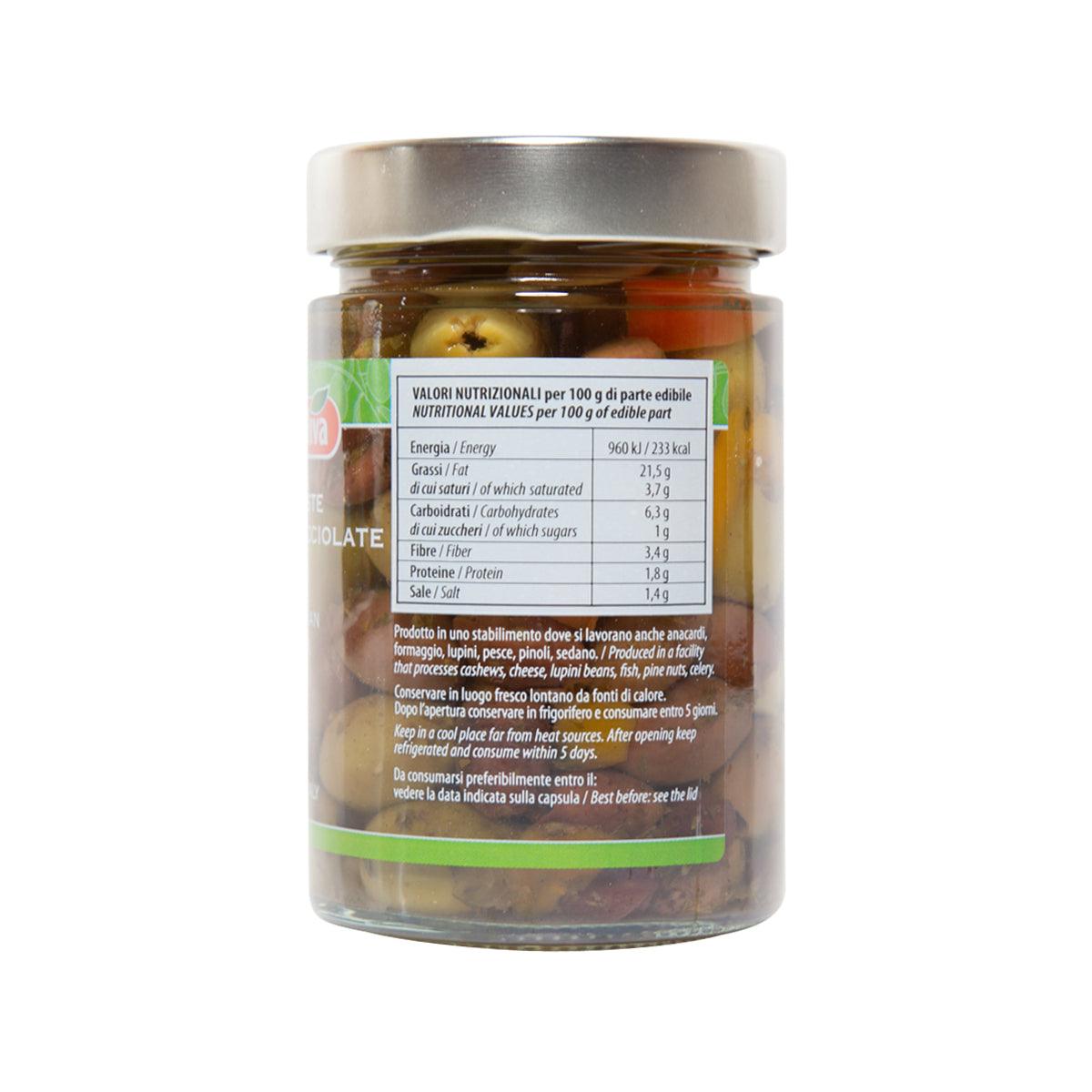 Pitted Italian olive mix jar back label with nutrition facts, glass bottle and cap