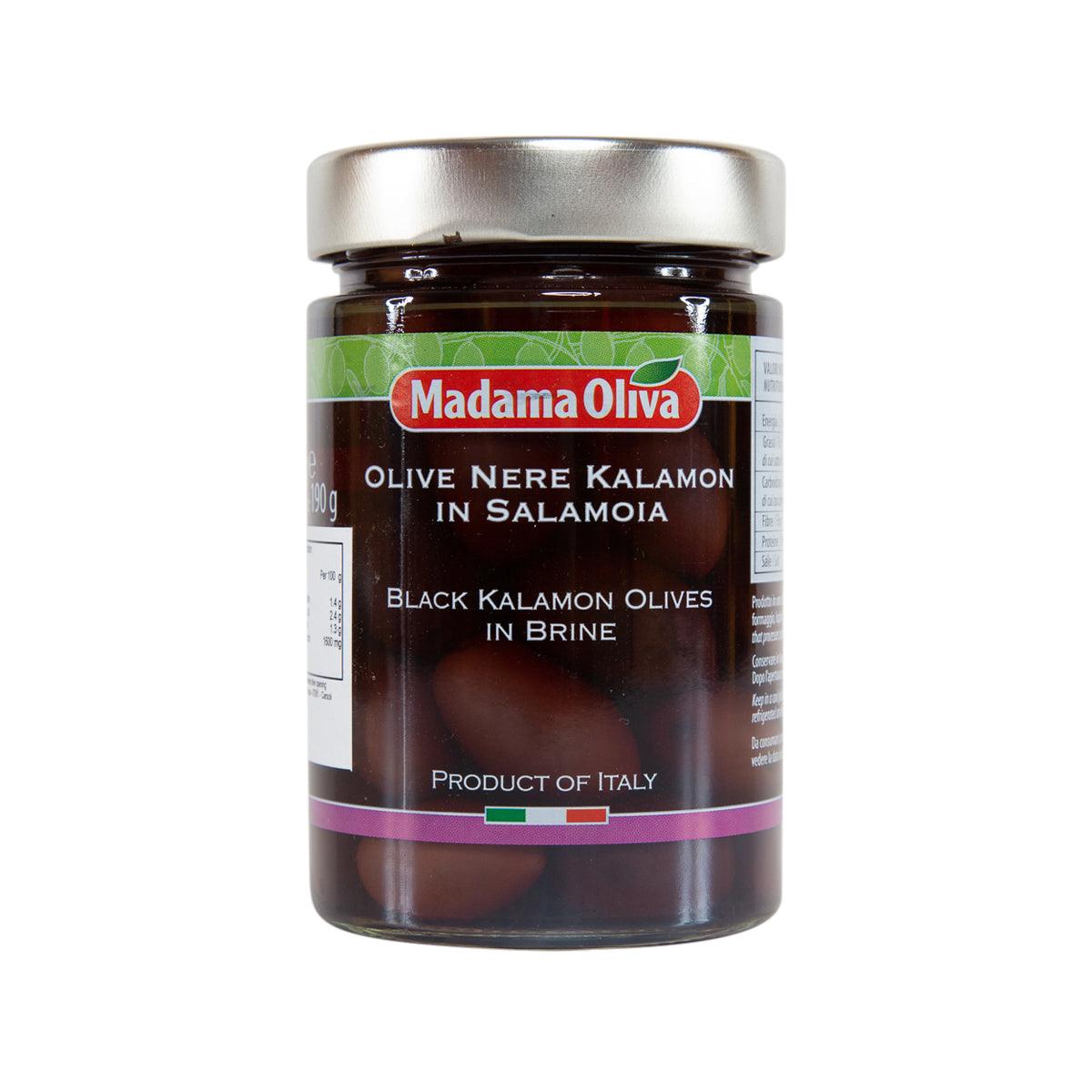 Jar of black Kalamon olives in brine, with metal lid and front label