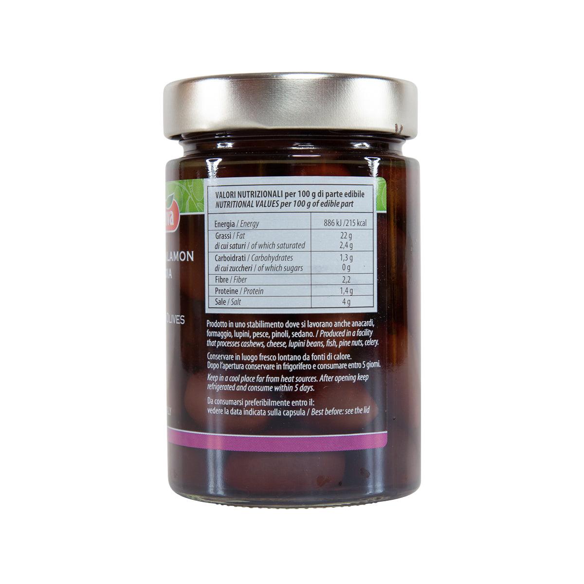 Jar of black Kalamon olives in brine, back label with nutrition table