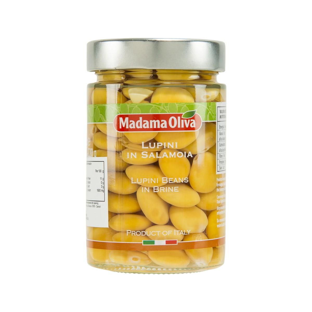 Jar of MadamaOliva lupini beans in brine, glass container with metal lid