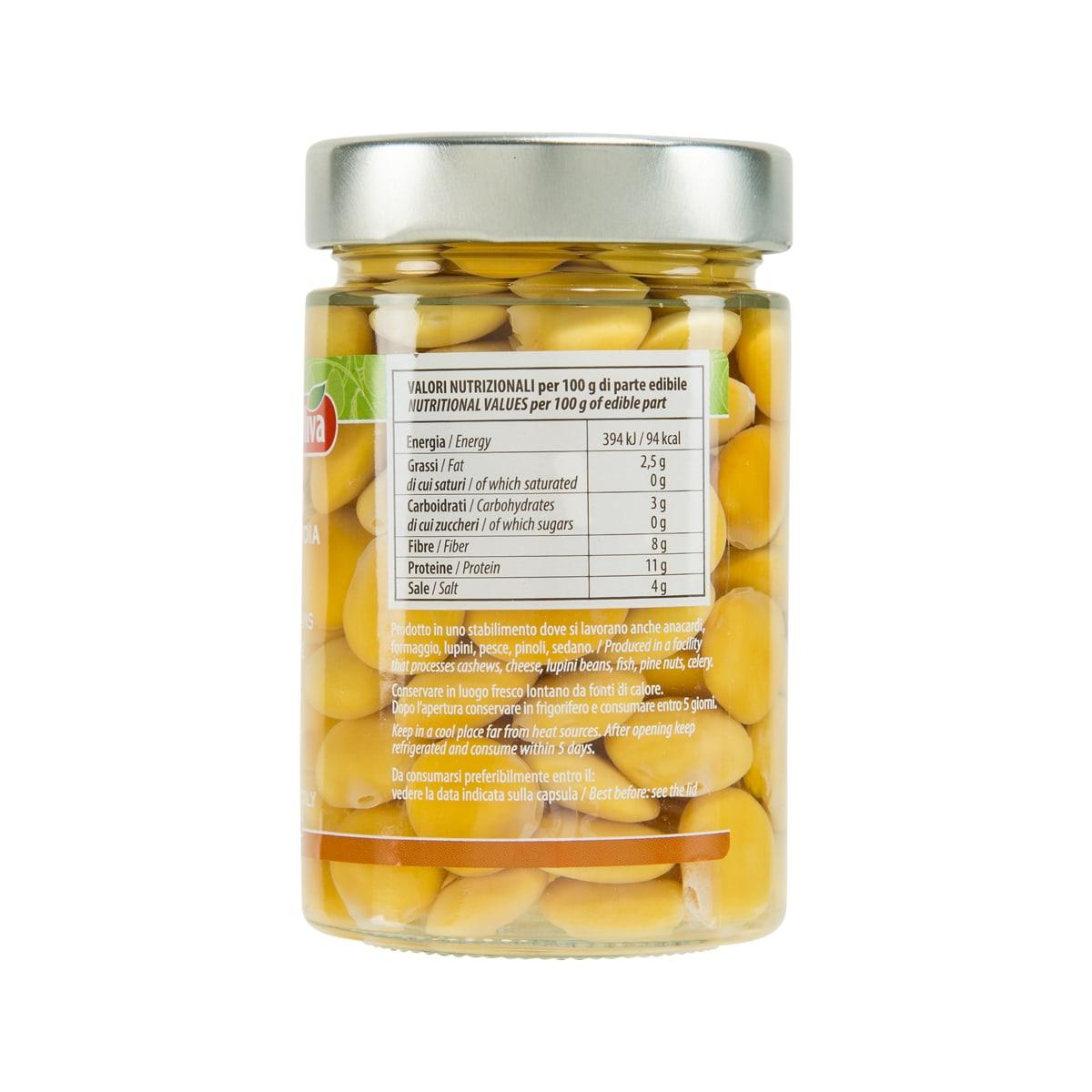 Jar back label with nutrition facts for lupini beans in brine, glass container