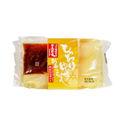 Packaged sashimi-style yuzu konnyaku with miso sauce, sealed plastic tray, red and yellow.