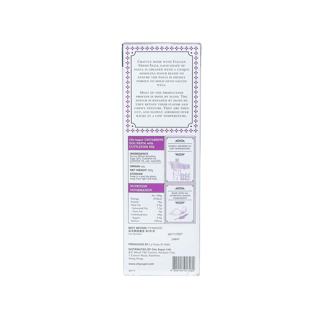 CITYSUPER pasta box back with ingredient, nutrition, and storage information panels