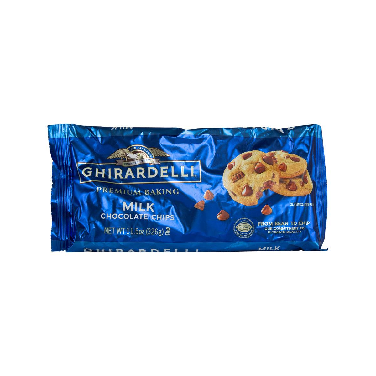 GHIRARDELLI Milk chocolate baking chips bag, blue package with chip and cookie graphic