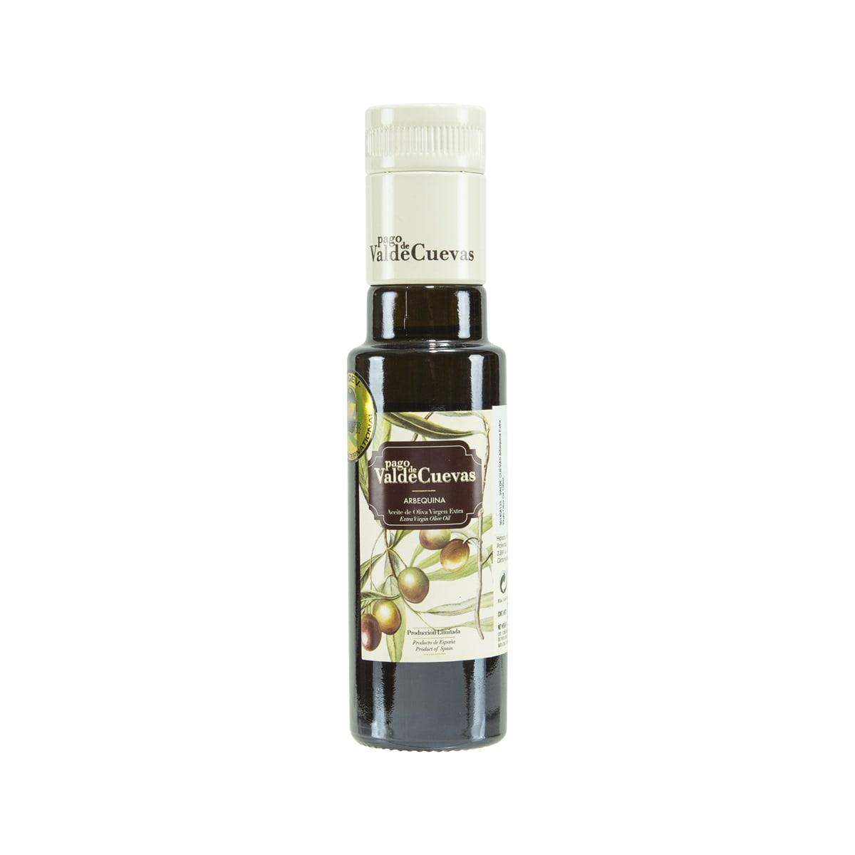 VALDE CUEVAS Arbequina extra virgin olive oil bottle, 100 mL, amber glass with label