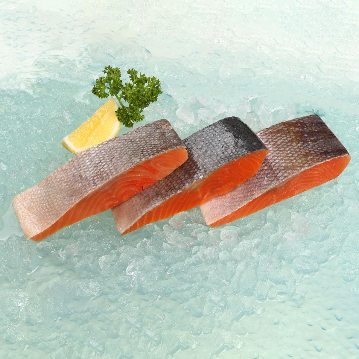 Frozen wild sockeye salmon fillets on ice with parsley garnish
