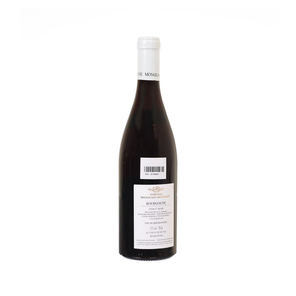 Mongeard Mugneret Burgundy red wine bottle, 750 mL, back label with barcode