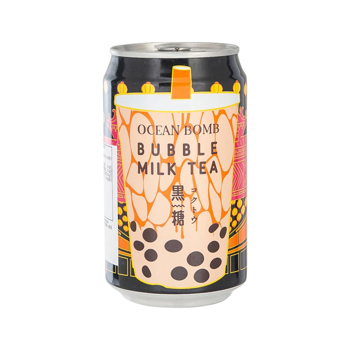 Bubble milk tea drink can, brown sugar flavor, black with orange 'Ocean Bomb' graphics