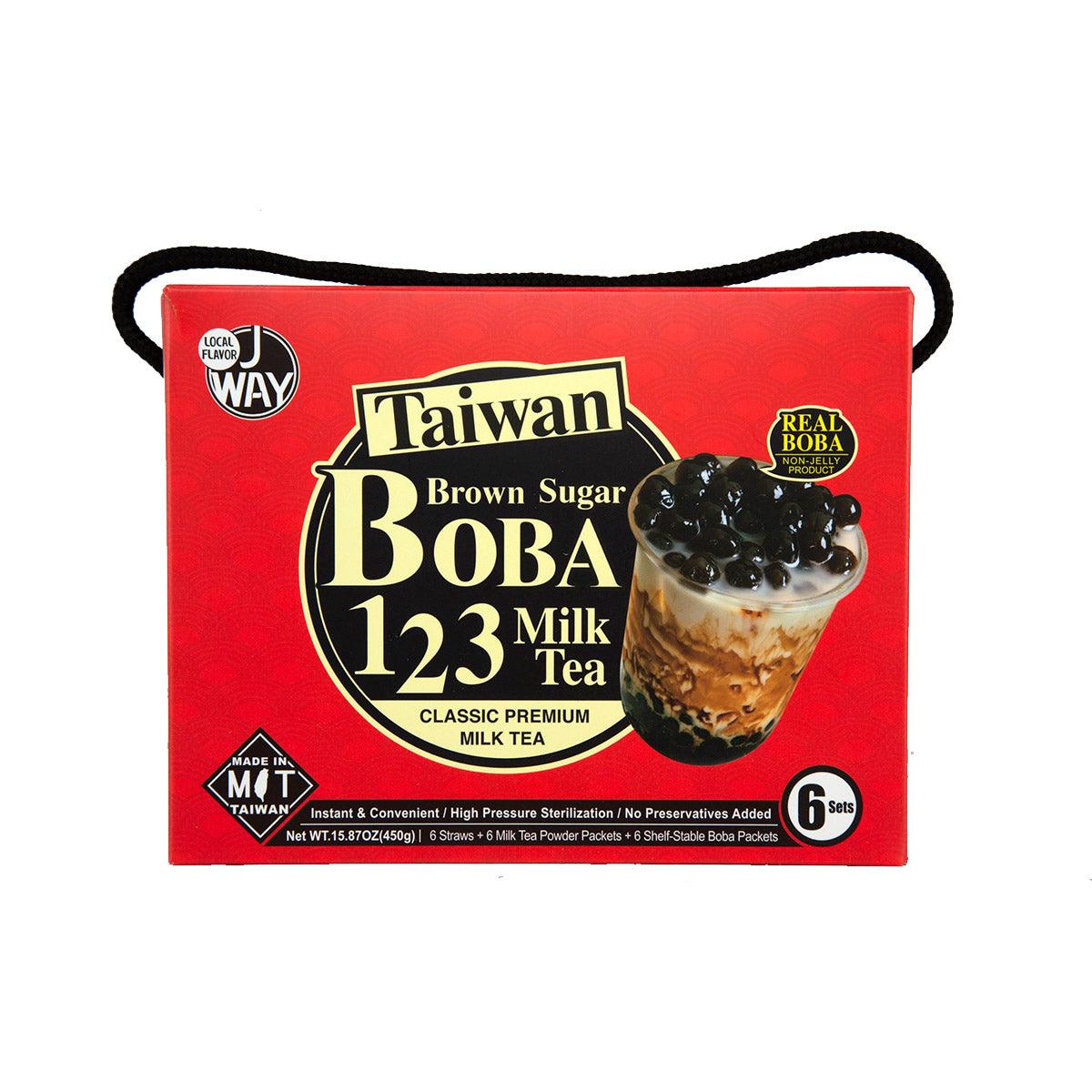 J WAY Brown Sugar Boba 123 milk tea mix box, red front with boba cup graphic