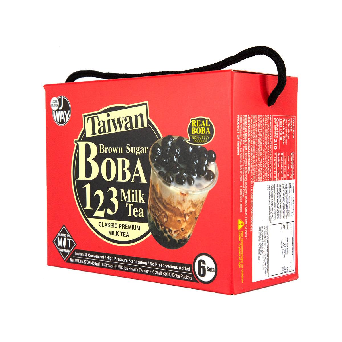 J WAY Brown Sugar Boba 123 milk tea mix box, red side panel with product text