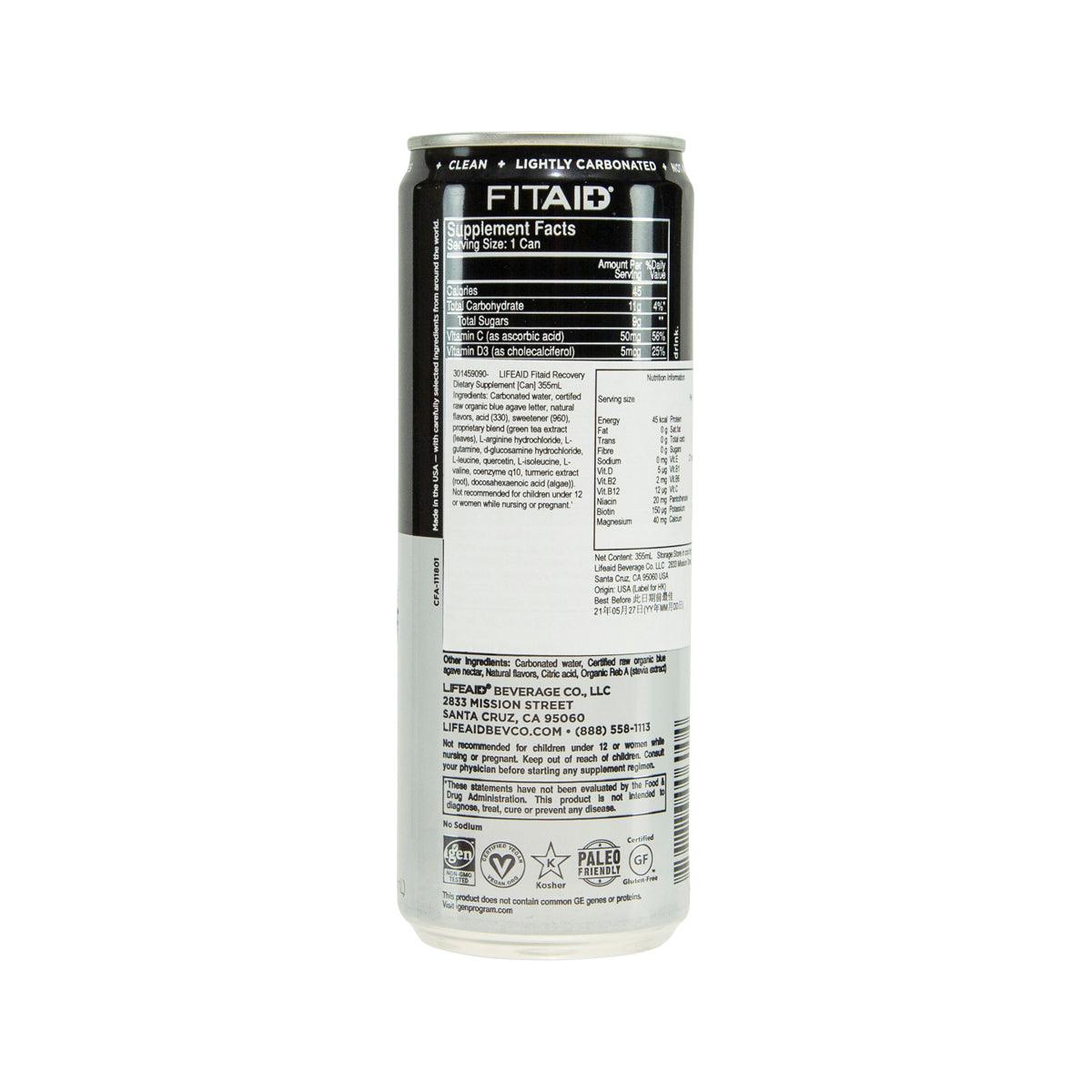 LIFEAID Fitaid Recovery supplement can, back label with Supplement Facts