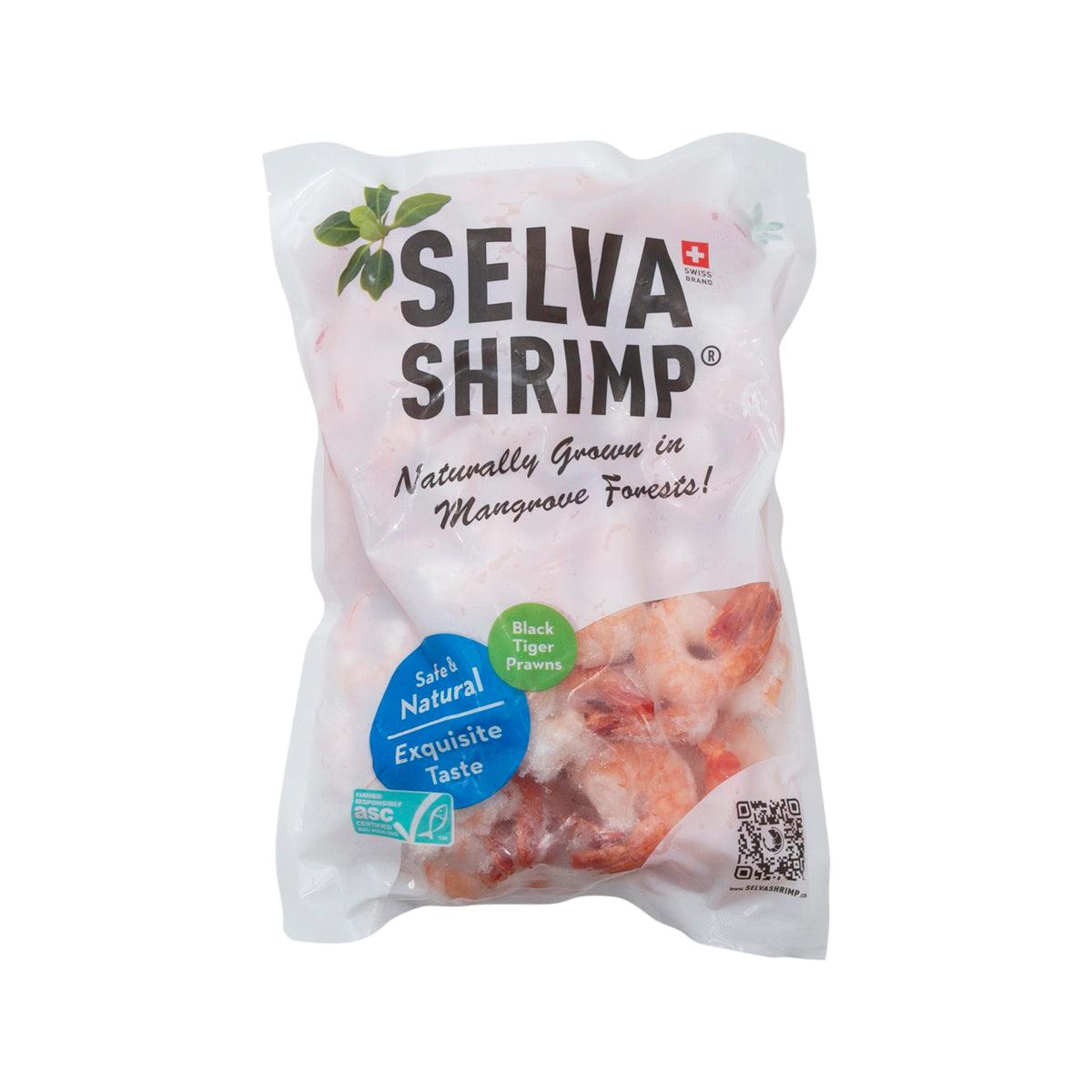 Frozen cooked shrimp pouch, SELVA SHRIMP logo, black tiger prawns, tail-on