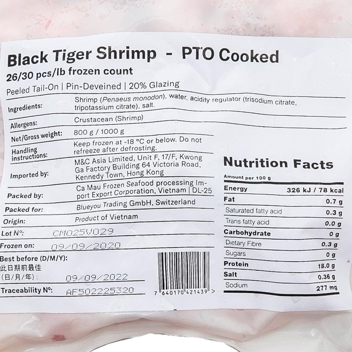 Pouch label close-up: Black Tiger Shrimp PTO cooked nutrition facts