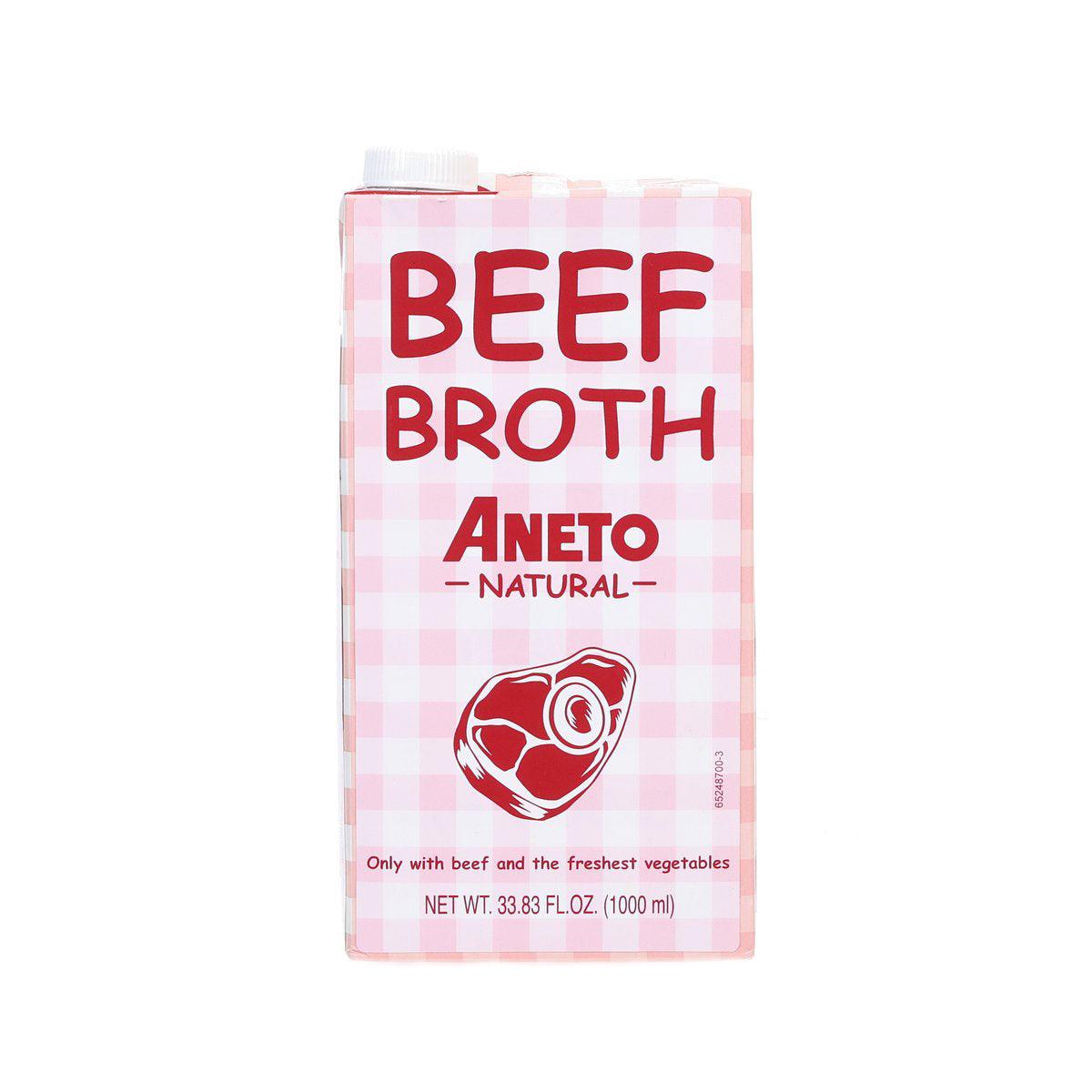 ANETO natural beef broth 1000 mL carton, red-and-white with Beef Broth branding.