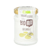 BIOMU organic whole milk yogurt in glass jar, natural 125g, front label