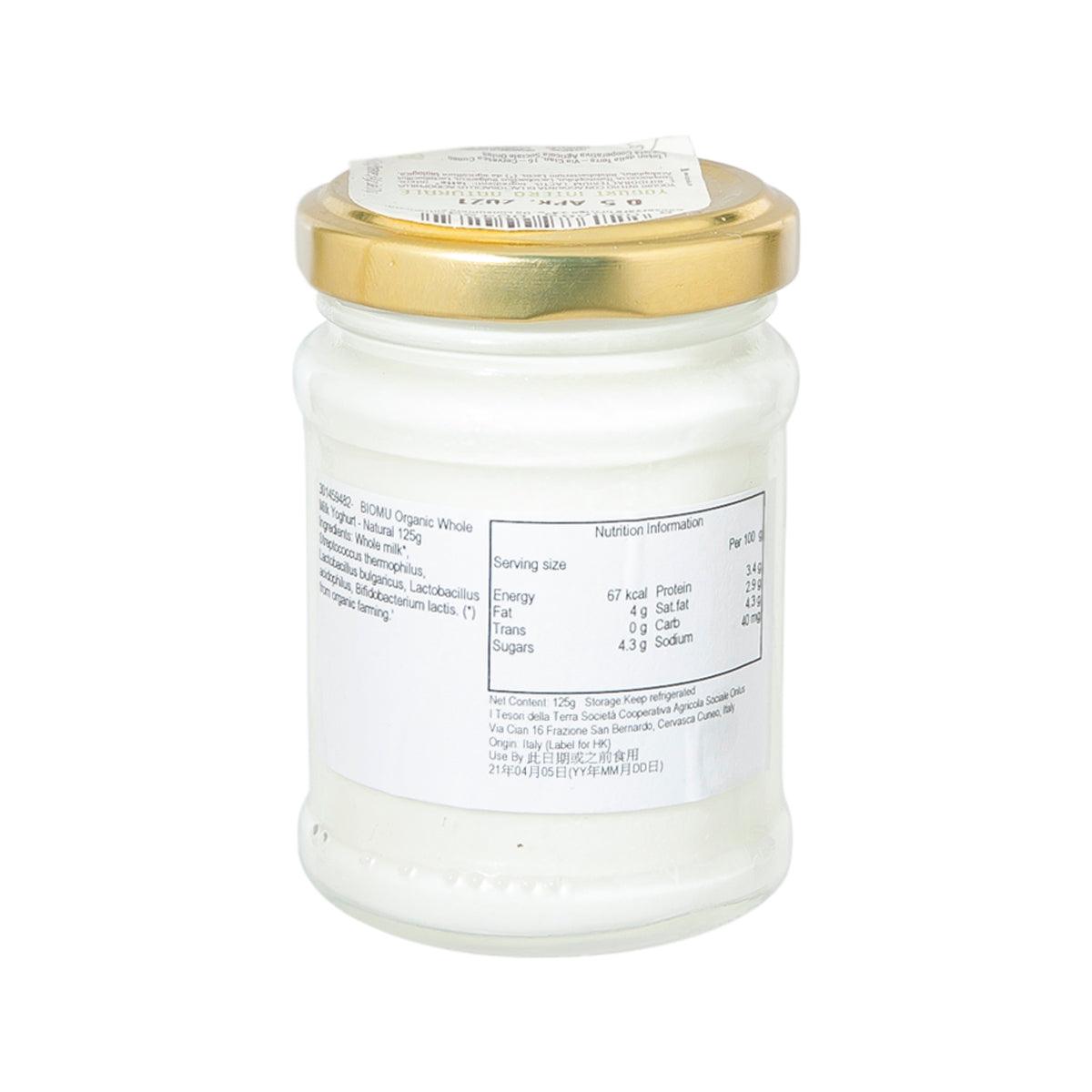 BIOMU organic whole milk yogurt in glass jar, natural 125g, nutrition label back