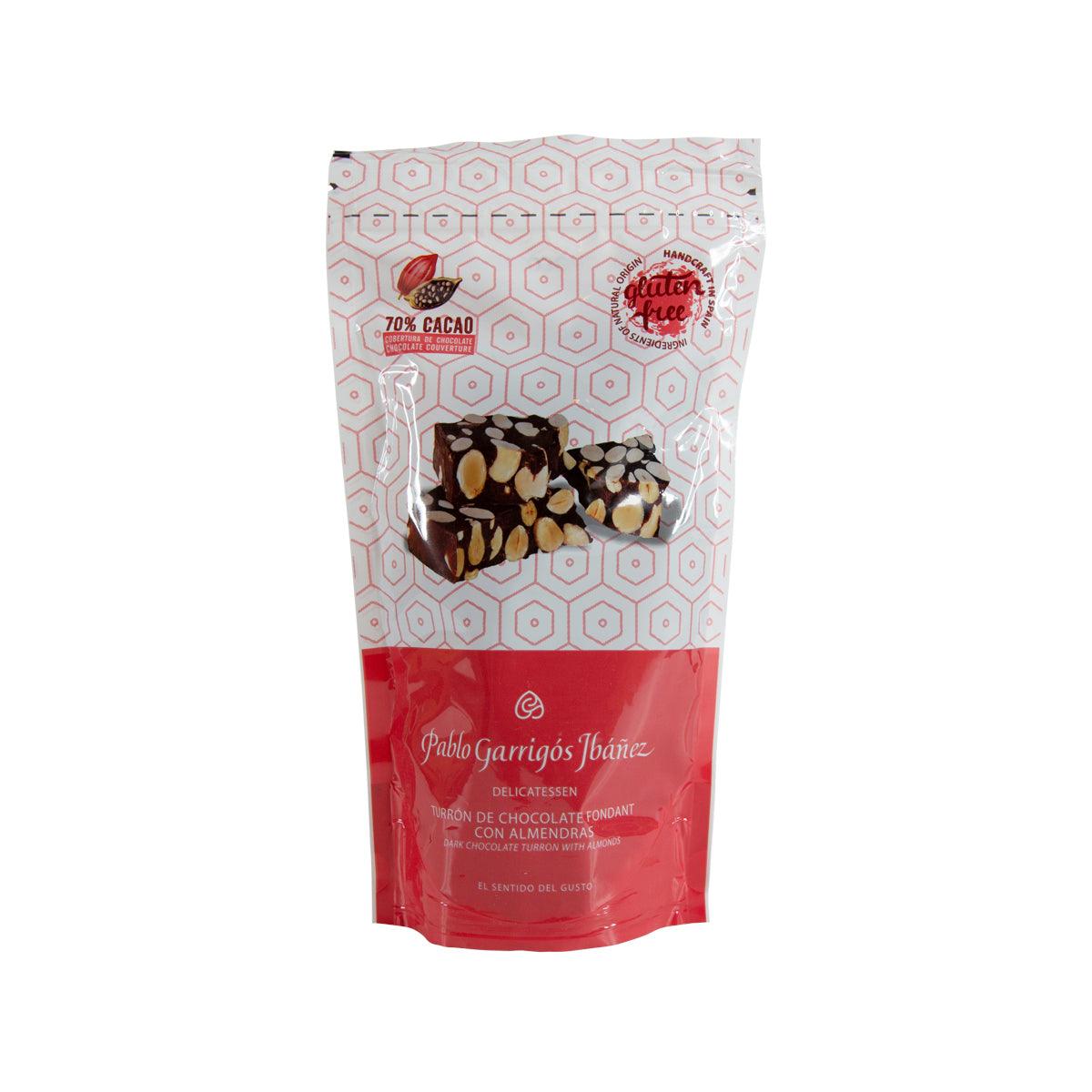 Dark chocolate turron with almond 100g pouch, red-and-white package with chocolate pieces