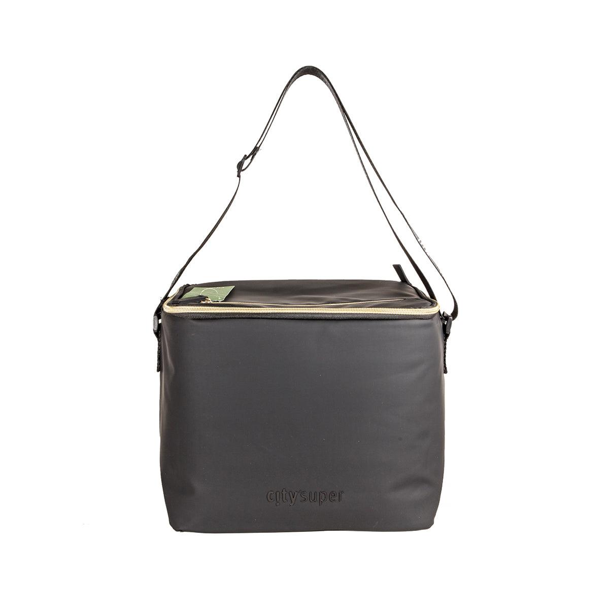 Matt black cooler crossbody bag with top handle and adjustable shoulder strap