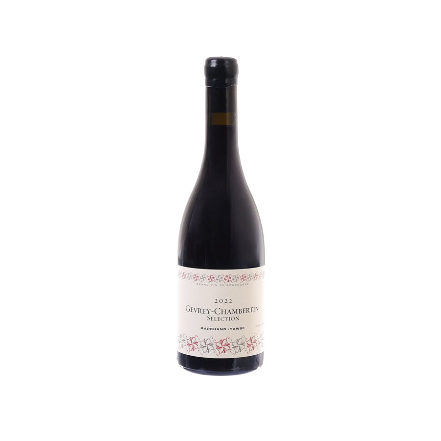 Gevrey-Chambertin wine bottle in dark glass with black cap and red-and-white label