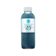 GT'S kombucha drink bottle, dark blue glass with embossed texture and white label