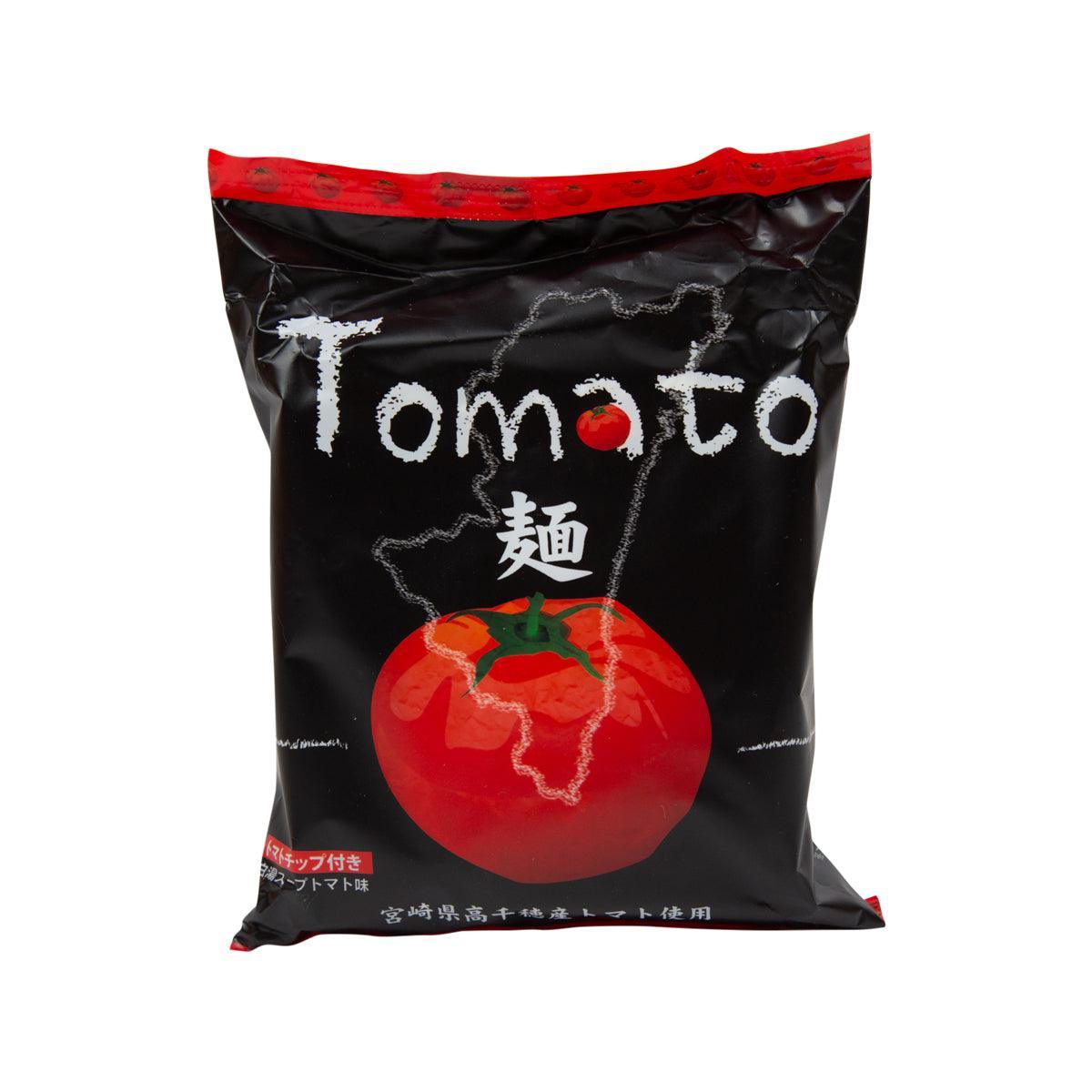 MIYAZAKIMCHOKU tomato ramen soup packet, black and red with tomato graphic