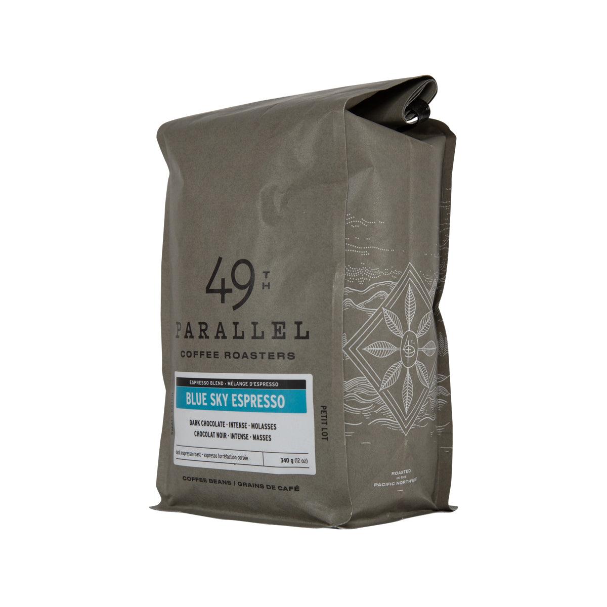 49TH PARALLEL Blue Sky Espresso dark roast coffee bag with side graphic