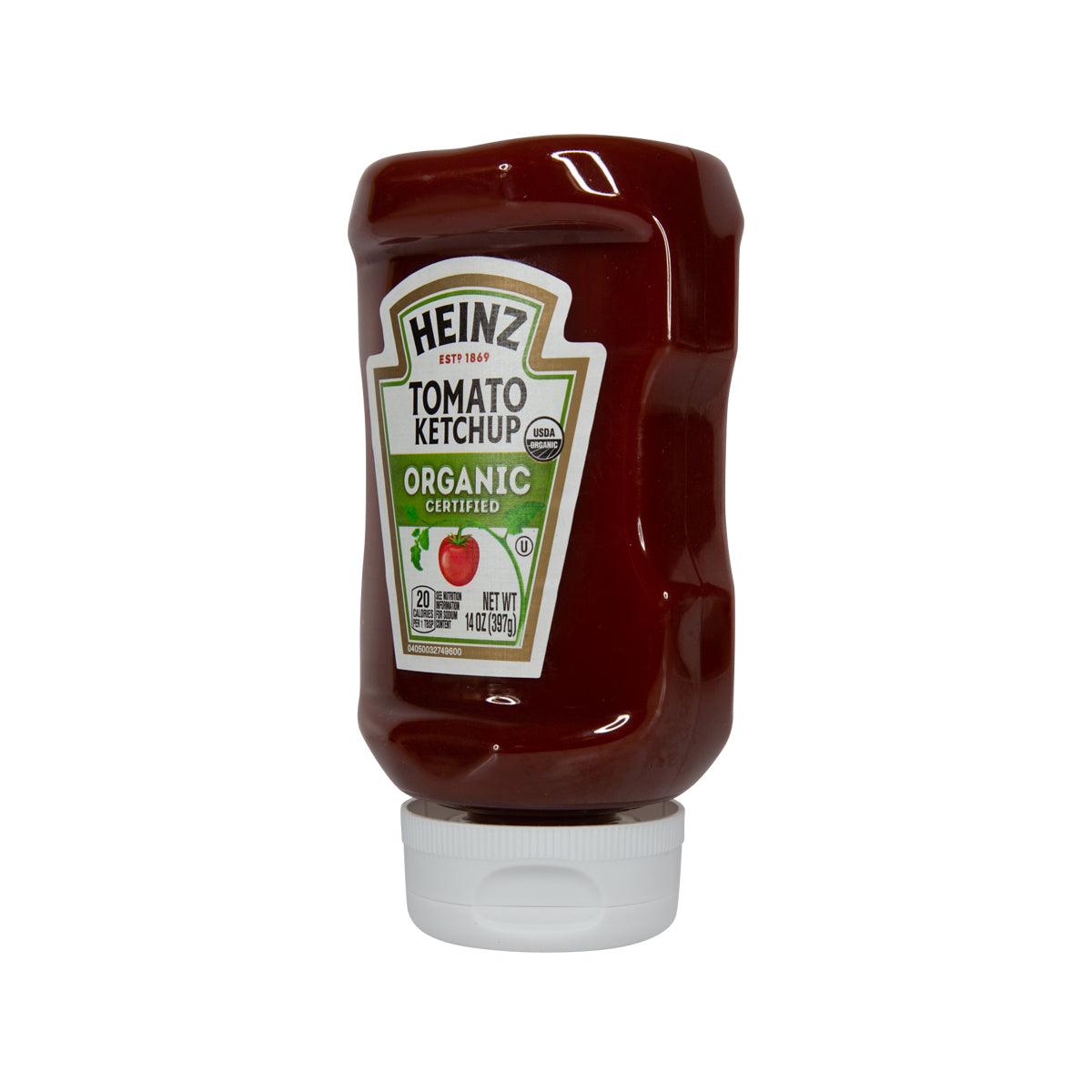 HEINZ Organic tomato ketchup bottle, side view with white flip-top cap