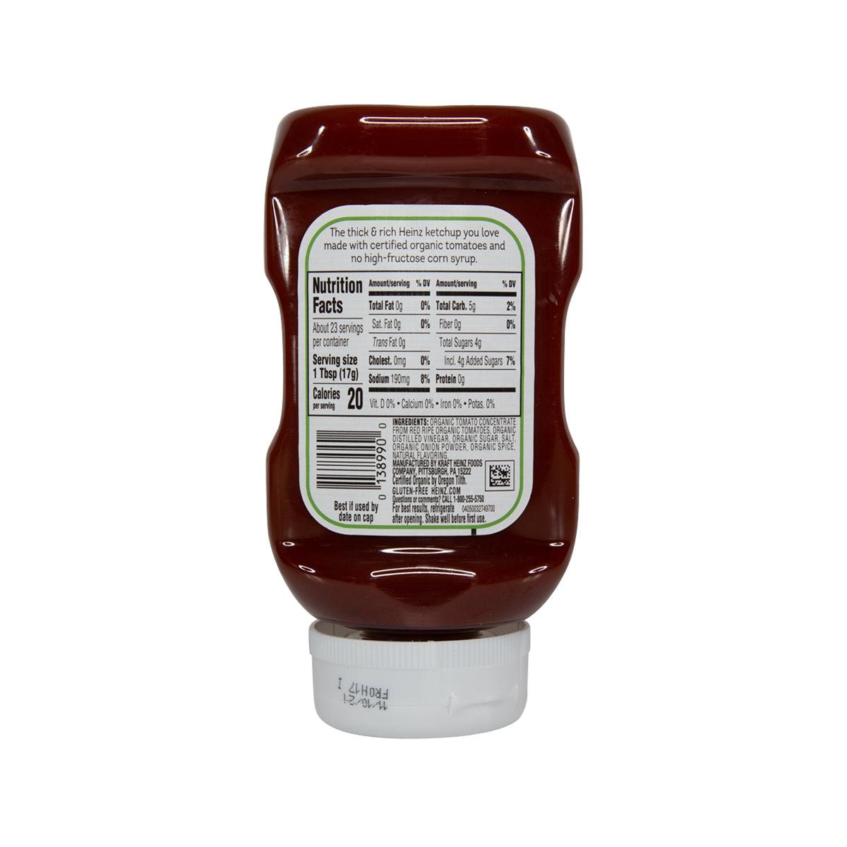 HEINZ Organic tomato ketchup bottle, back label view with white flip-top cap