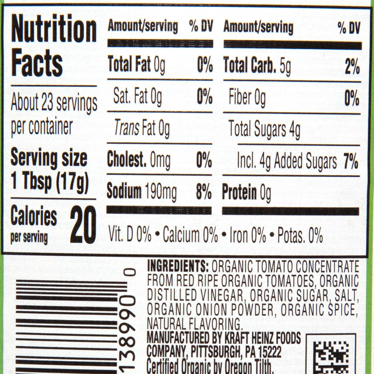 Nutrition Facts and ingredients panel on HEINZ Organic tomato ketchup