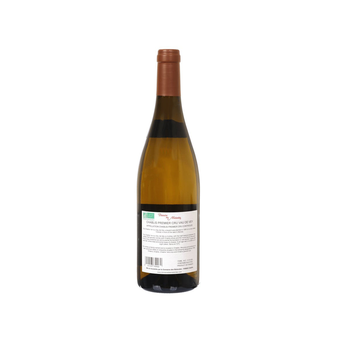 DOMAINE DES MALANDES Chablis wine bottle with back label and barcode