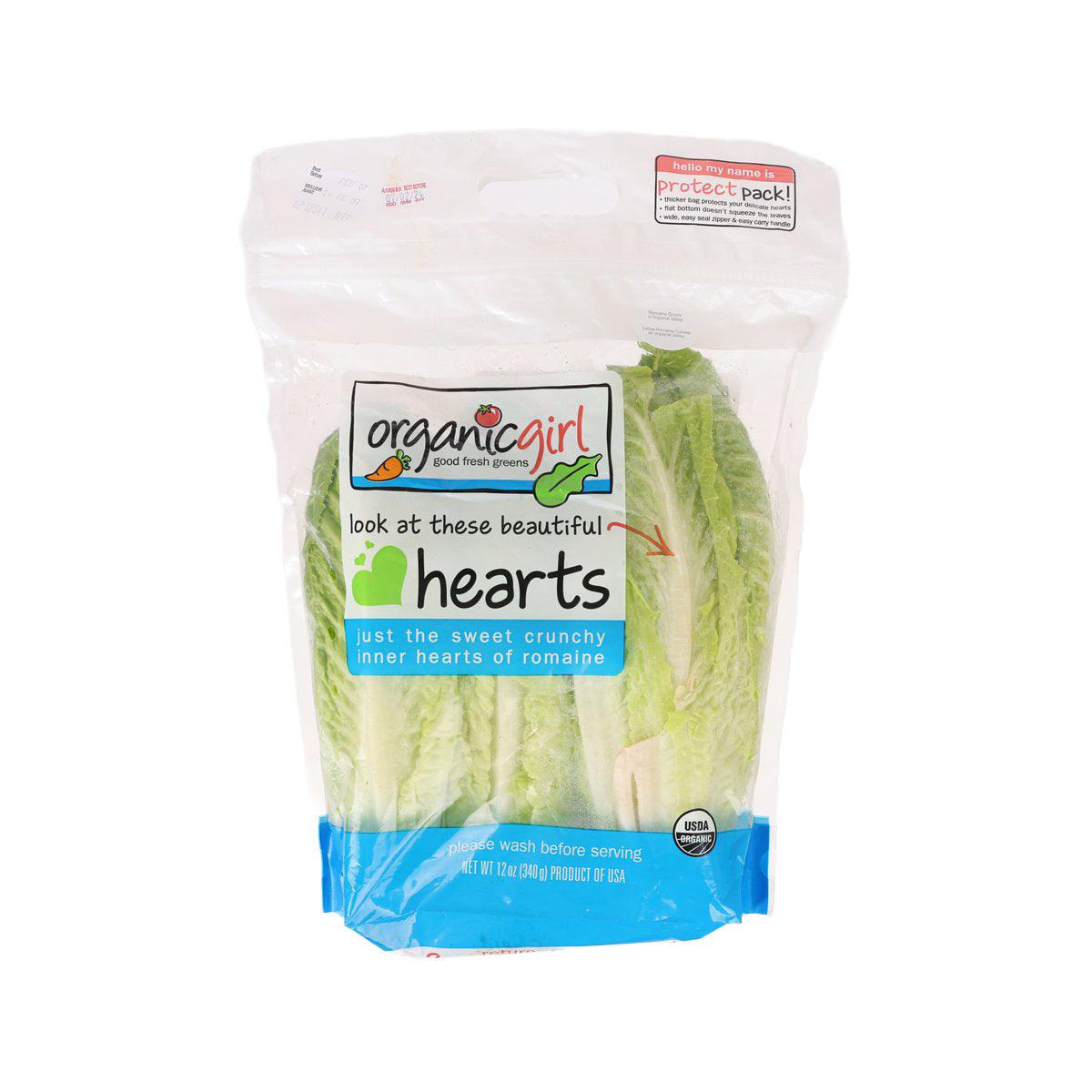 Organic romaine hearts in retail bag, leafy green halves visible through clear front