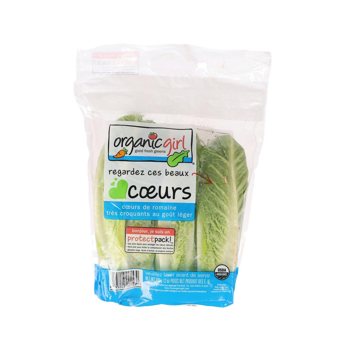 Organic romaine hearts in retail bag with label and leafy greens visible through plastic