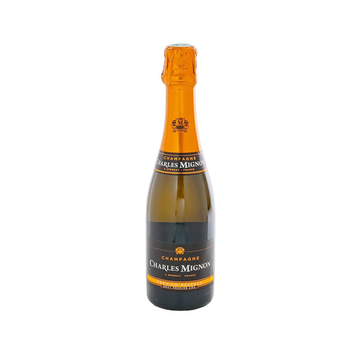 Charles Mignon Brut Premier Cru champagne bottle, 375ml, with orange foil capsule