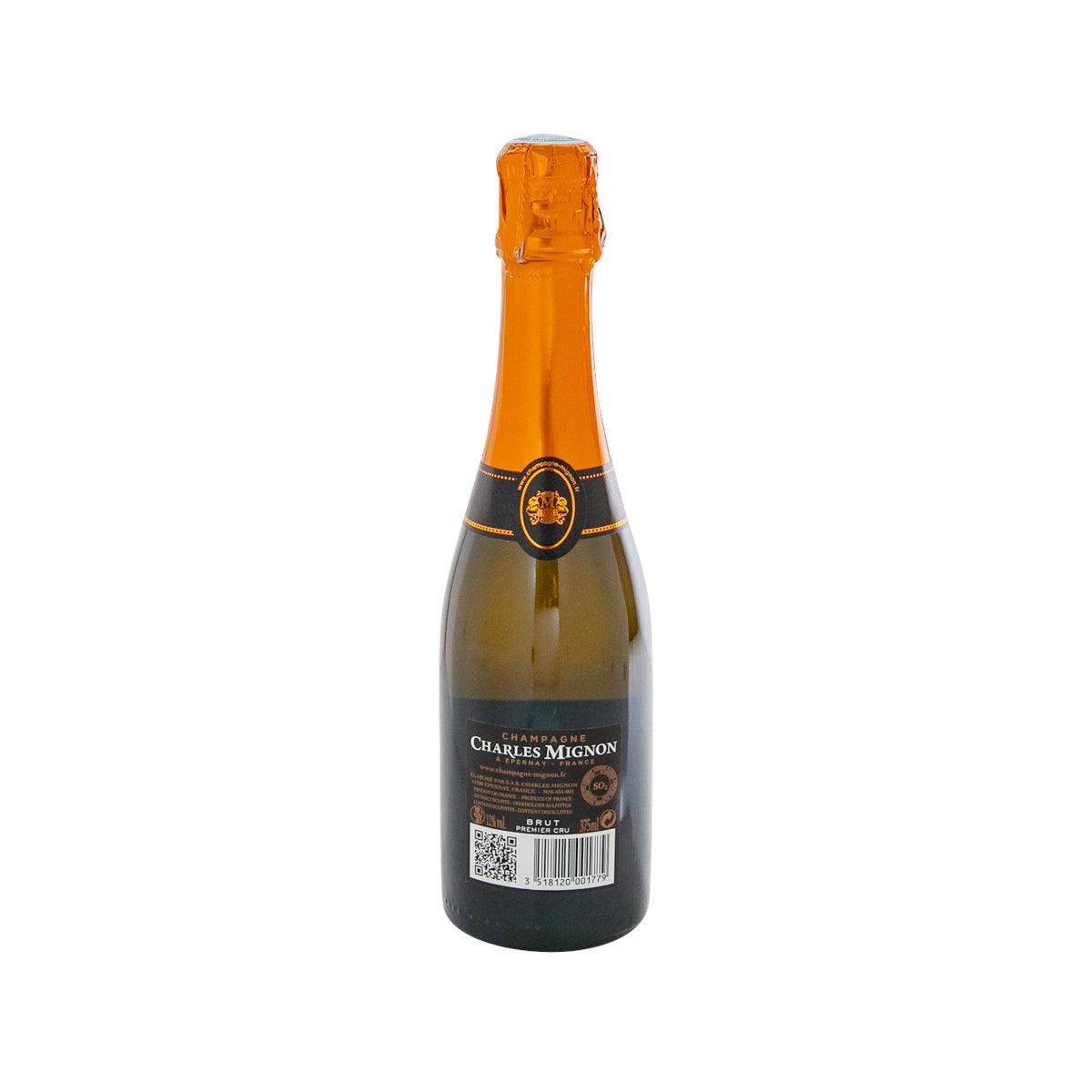 Charles Mignon champagne bottle, 375ml, back label view, orange foil capsule