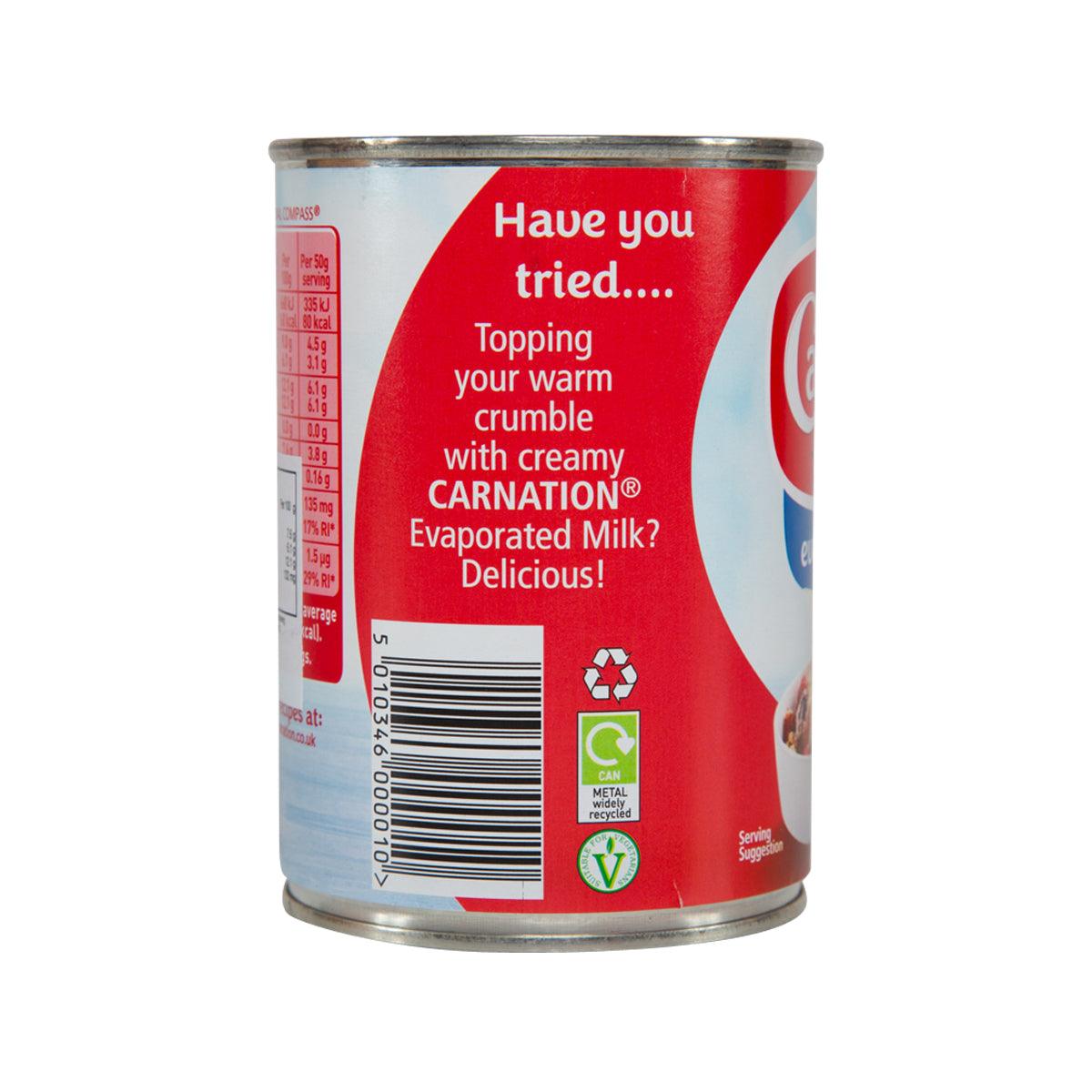 CARNATION evaporated milk can back label with serving tips and barcode