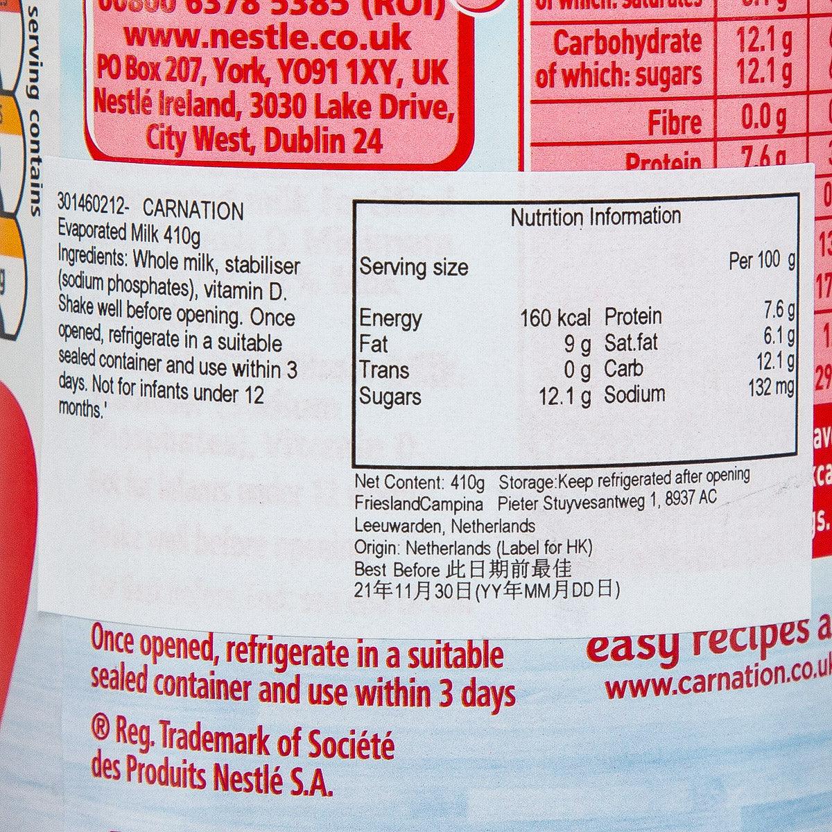 CARNATION evaporated milk can back, nutrition panel and net content 410g