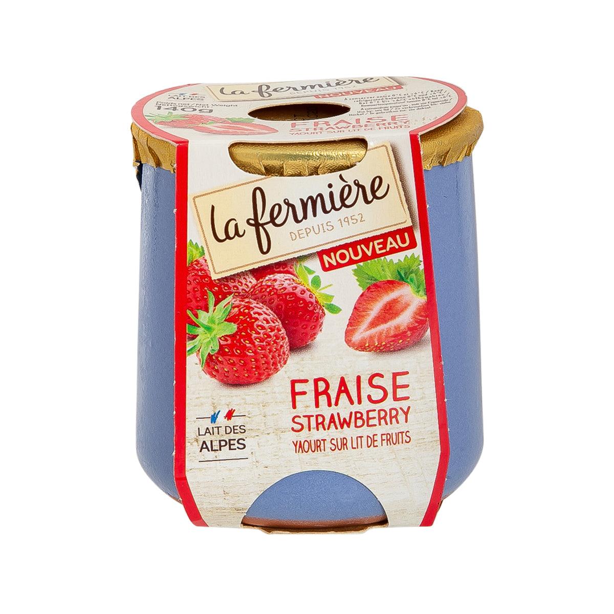 LA FERMIERE strawberry yogurt cup with red strawberry flavor label