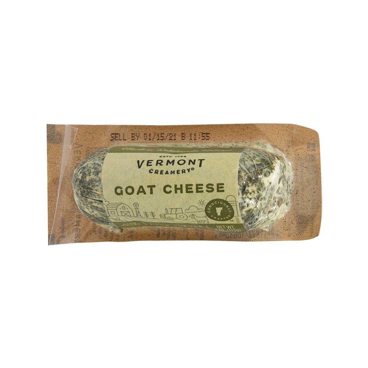 Herbed goat cheese log in cream-colored rind inside brown paper wrapper