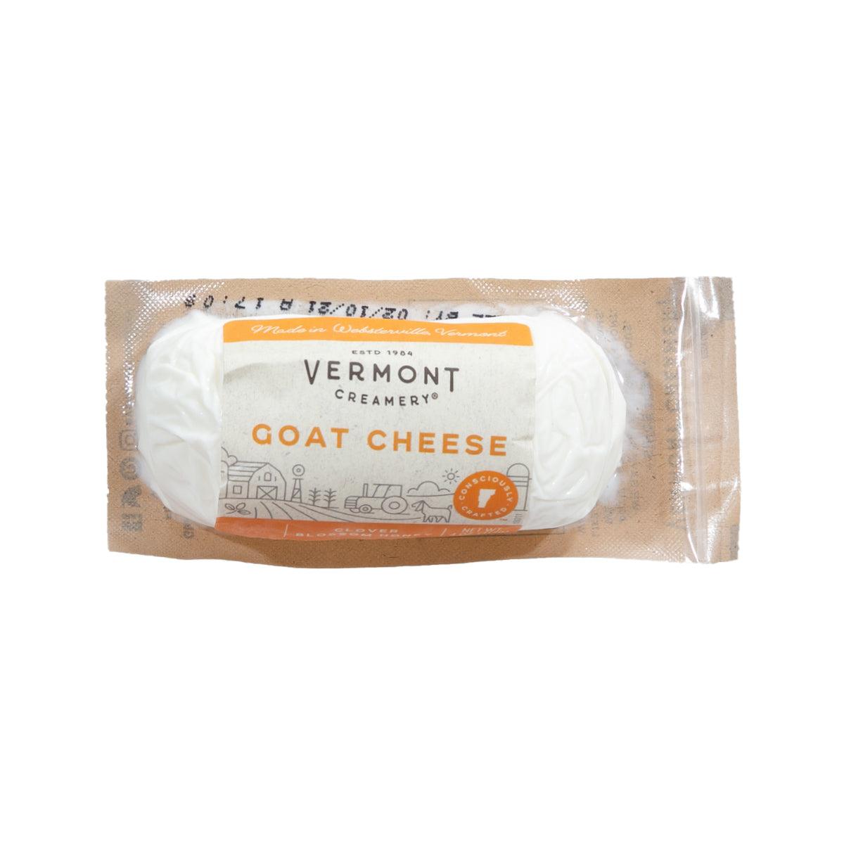 Goat cheese in plastic wrap with VERMONT CREAMERY label