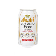 ASAHI Dry Zero Free beer can, white with gold label text, 0% alcohol and 0 carbs