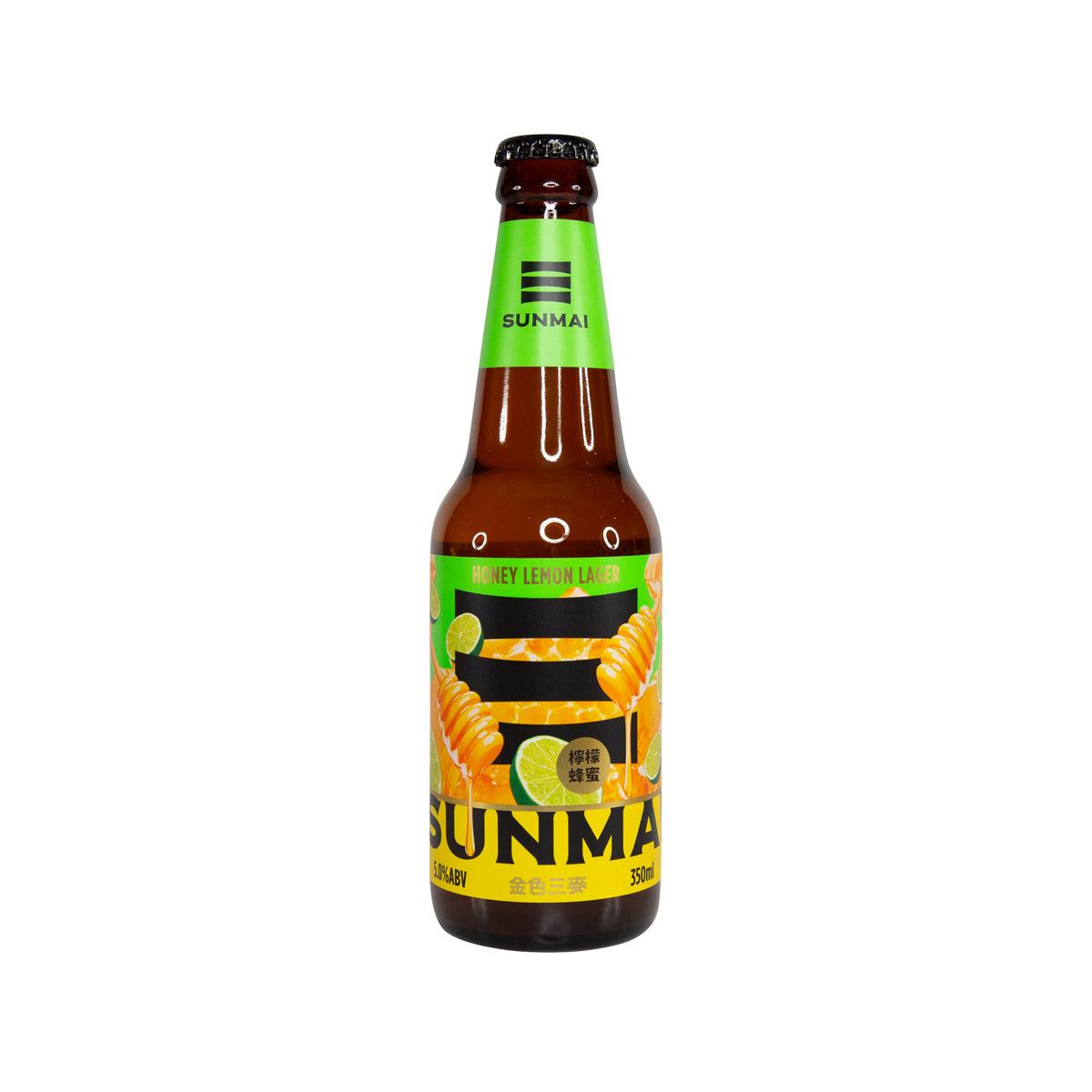 SUNMAI honey lemon lager bottle, 350 mL, green cap and orange label
